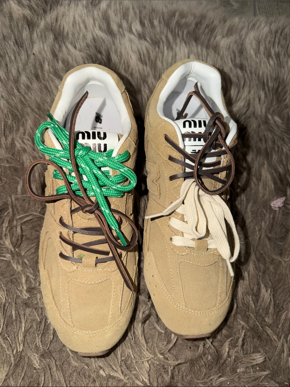 Miu Miu Beige Suede women’s New Balance Sneakers with Brown, Cream & Green Laces